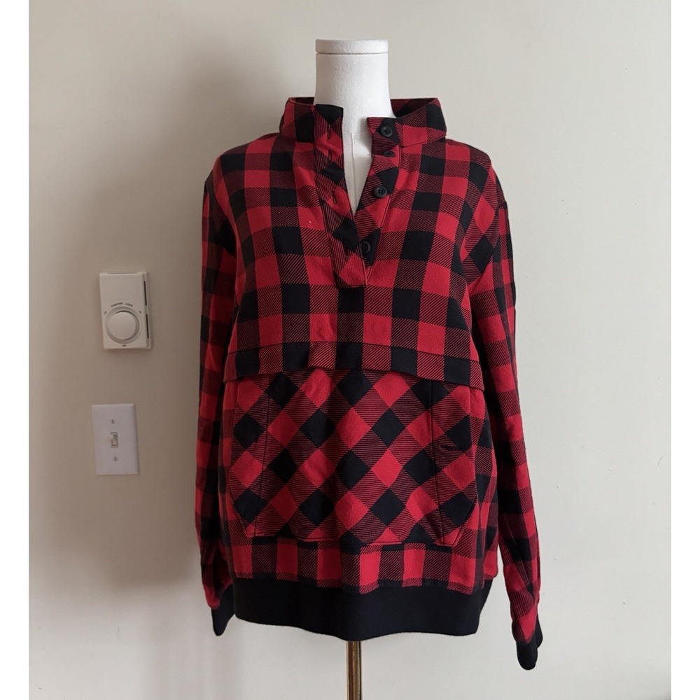 L.L. Bean Sweatshirt Womens Large Red Black Buffalo Plaid Pullover Pocket Cotton